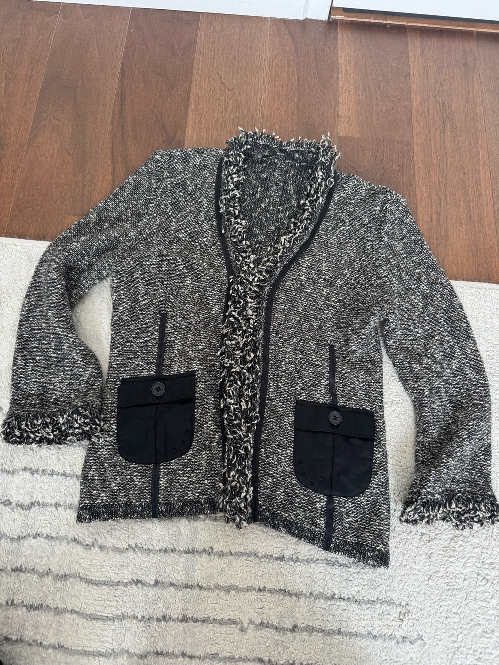 Hugo Boss Black and White Marled Knit Cardigan with Fringe
